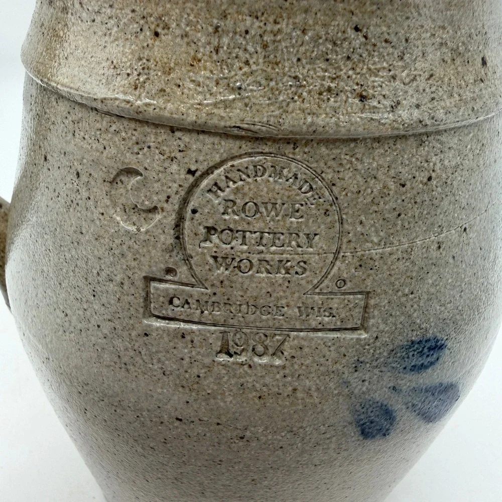 Rowe Pottery Works 1987 Salt Glaze Stoneware Pitcher Blue Heart Cambridge WI